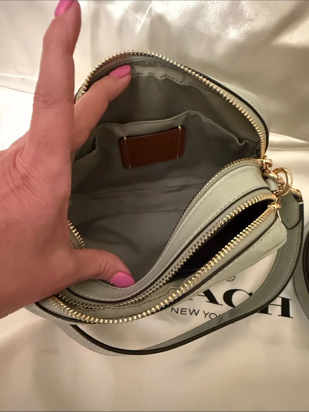 💚COACH NWT Mini Carey Pistachio Green Leather Shoulder Bag with Gold Hardware‎